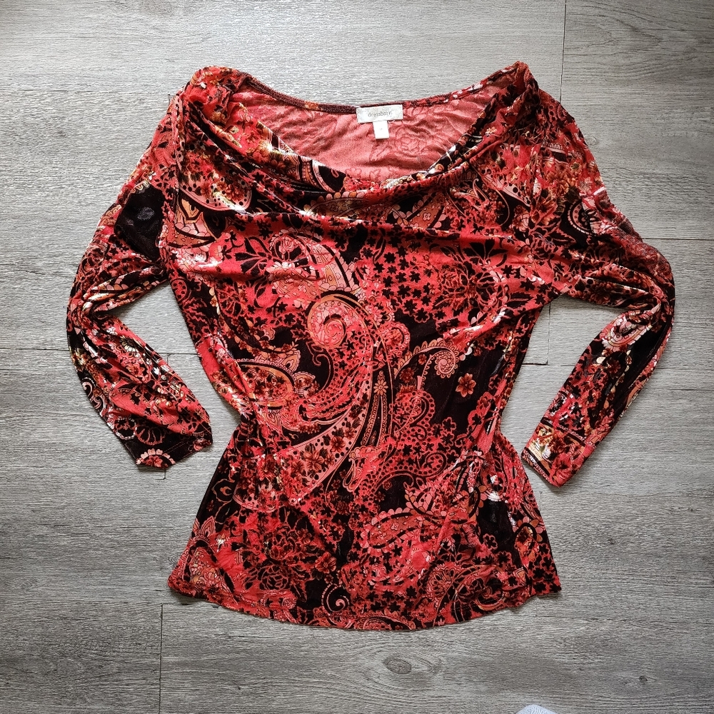 Y2K VTG Velvet Dress Barn Top 3/4 Sleeve Multicolor Red Paisley Cowl Neck Size M